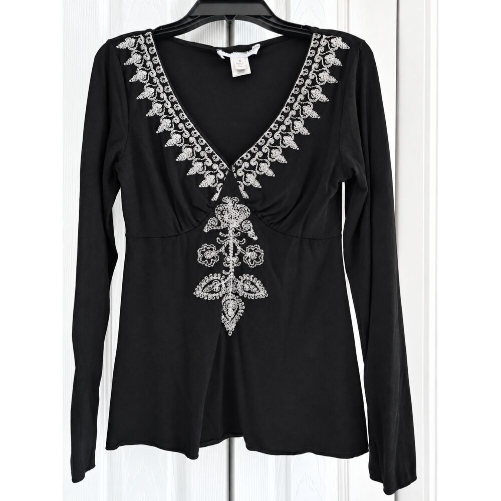 7 Avenue NY&Co Black Mesh Floral Embroidered V Neck Blouse Top Whimsigoth Small